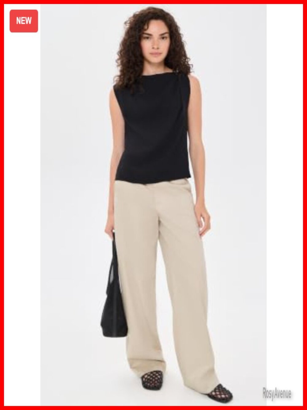 Draped Shoulder Sleeveless Top Relaxed Fit Crew Neck Pullover Blouse - Picture 4 of 5